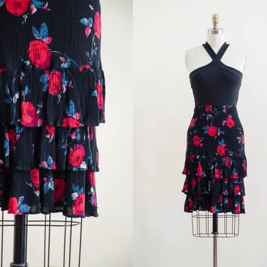 black floral mini skirt | 90s vintage red romantic floral cottagecore short pleated tiered skirt 