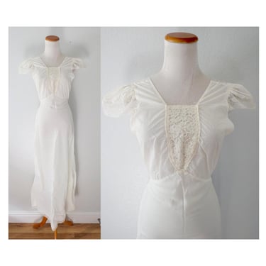 Vintage 50s 60s Night Gown - White Lace Slip Dress - Full Length Bridal Wedding Lingerie Nightgown - Size Small 