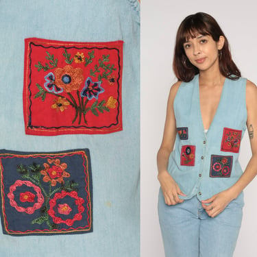 Floral Denim Vest 90s Patchwork Button Up Vest Embroidered Sleeveless Jean Shirt Chambray Blue Flower Top Retro Vintage 1990s Cotton Small S 