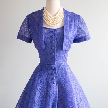 Stunning 1950's Rappi Party Dress In Periwinkle Lace With Jacket / Medium