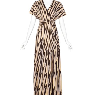 Roberta di Camerino Vintage 1978 Beige Yellow &amp; Brown Zig Zag Print Jersey Maxi Dress