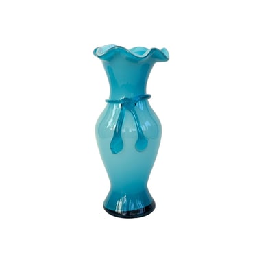 Vintage Ruffled Glass Vase, Aqua Blue Opalescent Art Glass Flower Vase with Applied Glass Bow 