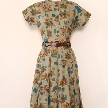 1950s Nature Guide Cotton Day Dress XS