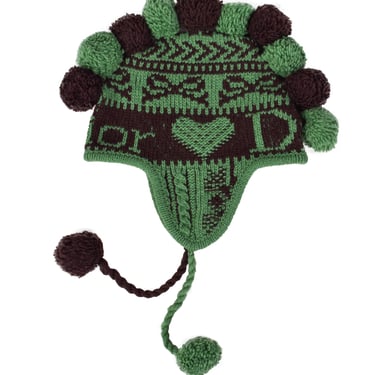 Christian Dior by John Galliano Vintage AW 2002 Green and Brown Pom Pom Mohawk Beanie Hat