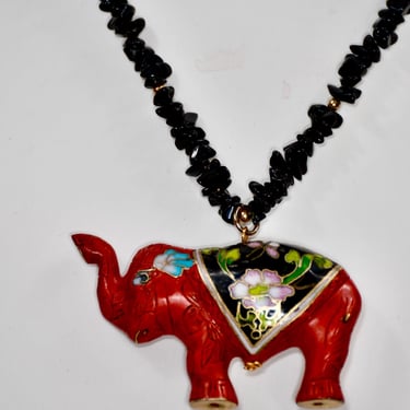 Vintage Red Cinnabar & Cloisonné Elephant Pendant Necklace 36