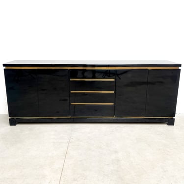 Brass and lacquer sideboard by Jean Claude Mahey, 1970s - hollywood regency credenza - vintage credenza - black lacquer credenza 