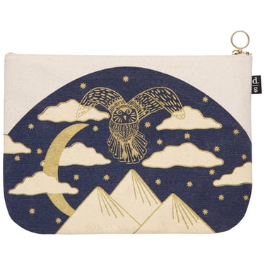 Large Flat Zipper Pouch with Owl