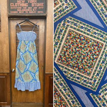 Vintage 1970’s Hippie Bandana Cotton Hickory Stripe Summer Dress, 1970’s, Vintage Dress, Floral, Bandana, Hickory Stripe, Summer Dress, 