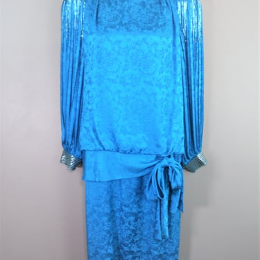 1980s , Cocktail dress by  d'ore ,Della Roufogali ,Silk , Drop Waist ,  Circa 1980's - size 14 - Beading - Puff Sleeve- Drop Waist 