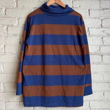 Medium, Vintage 1970s Striped Long Sleeve Turtle Neck Shirt, Brown Blue 