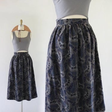 full velvet skirt - 26 - vintage 80s 90s womens gray blue paisley long midi full fall winter skirt size 4 