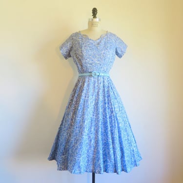 1950's Liberty of LondonLight Blue Floral Cotton Sequin Fit and Flare Day Dress Full Skirt 50's Spring Summer Dresses Rockabilly 28" Waist 