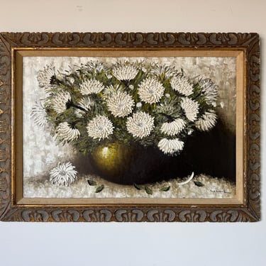1970s Vintage Still Life Chrysanthemums – Heavy Impasto Oil on Canvas Painting by Jack Hammell 