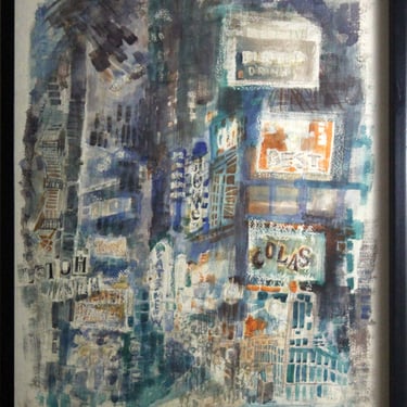 Shirley Kallus Blue City Mid Century Modern Original Watercolor Framed 