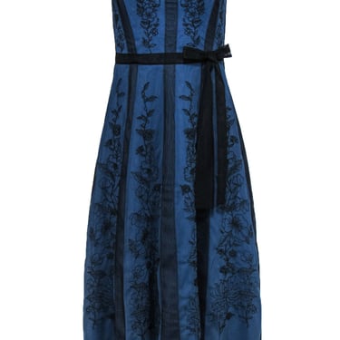 BCBG Max Azria - Blue Strapless Midi Dress w/ Tulle Overlay & Floral Embroidery Sz 4
