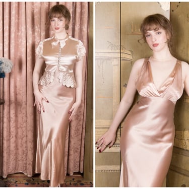 1930s Dress - Babely Vintage 30s Pink Satin Bias Cut 30s Gown with Matching Trapunto Jacket 