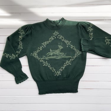 cottagecore sweater 80s vintage Herman Geist green wool deer hand knit sweater 