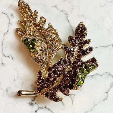 Kenneth Jay Lane Amber / Yellow Crystal / Peridot Green Two Leaf Vintage Brooch by LeChalet