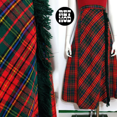 Sweet Vintage 60s 70s Red Green Plaid Long A-Line Skirt with Fringe 