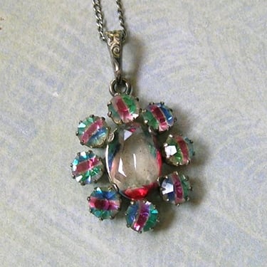 Antique 1920's Art Deco Silver Iris Rainbow Necklace, Silver Pendant Necklace With Iris Rainbow Crystal; Silver Rainbow Necklace (#4646) 