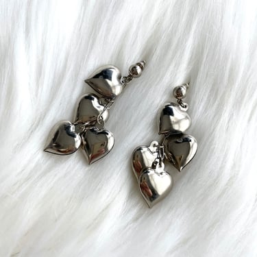 Vintage Faux Silver Dangling Puffy Heart Earrings 