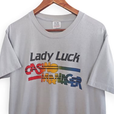 rainbow text shirt / vintage casino shirt / 1980s Lady Luck Casino Manager rainbow text shirt Medium 