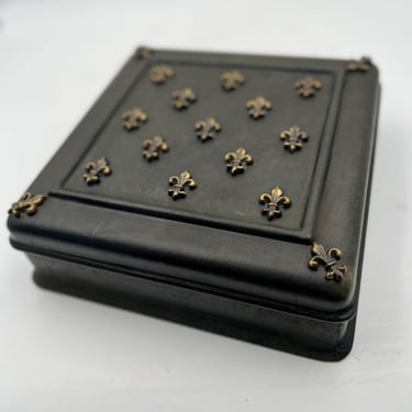 Leather Wrapped Italian Covered Box with Fleur De Lis Motif