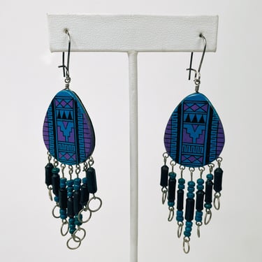 1980s-1990s Purple Black & Blue Tear Drop Fringed Southwestern Beaded Earrings w Tribal Blanket Print Pendant | Vintage, Western, Indian 