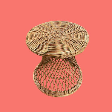 Vintage Wicker Table Retro 1980s Bohemian + Brown + Round Top + Woven + End + Side Table + Plant Stand + Boho Furniture + Made in Yugoslavia 