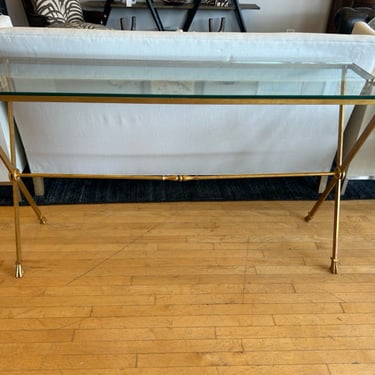 Hollywood Regency Glass Top Console Table with Brushed  Gold Metal Base from Holly Hunt