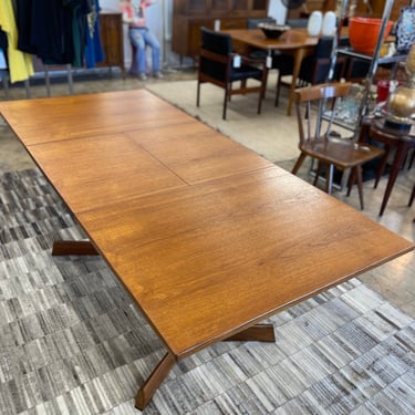 Mid Century Teak Rectangular Dining Table with Butterfly Leaf & Trestle Legs by White & Newton.