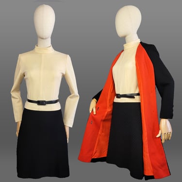1960s Dress Set / 60s Black and Ivory Knit Dress with Matching Coat / 1960s Sheath Dress / 1960s Coat and Dress Set / Size Medium 