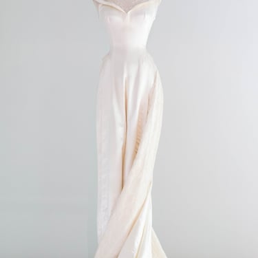 Breathtaking 1940's Ivory Slipper Satin Wedding Gown With Illusion Neckline & Cathedral Train / XS