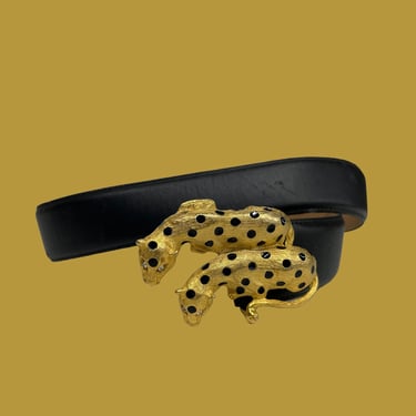 Vintage Belt Retro 1980s Gail Labelle + Cheetahs + Leopards + Feline + Medium Size + Genuine Leather + Black + Waist Belt + Accessories 