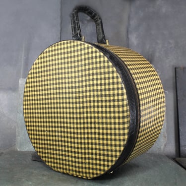 Gorgeous Black & Gold Check Mid-Century Hat Box Shaped Travel Bag | Retro Chic Train Luggage | Vintage Carry-On | Bixley Shop 