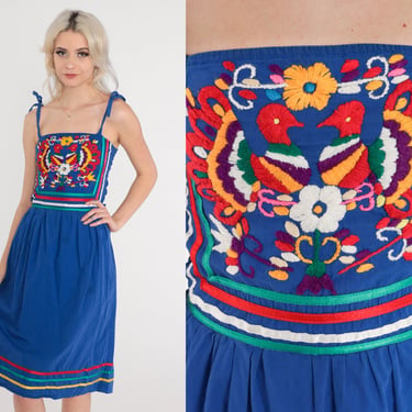 Embroidered Mexican Dress 70s PEACOCK Dress Bird Midi Hippie Boho Blue Cotton Sun Dress Vintage Sundress Smocked 1970s Small xs s 