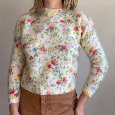 Sezane Paulie Peonies Mohair Wool Floral Fuzzy Fluffy Crew Cropped Sweater Sz S 