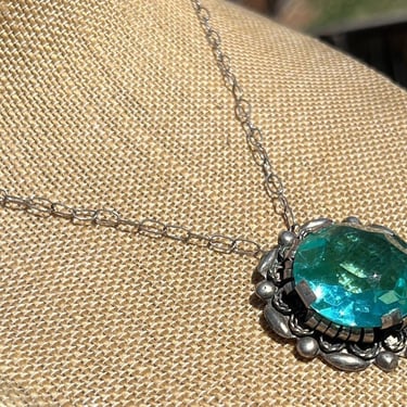 Vintage Mexico Silver and Blue Glass Pendant on Old Handmade Mexican Link Chain c. 1930's 