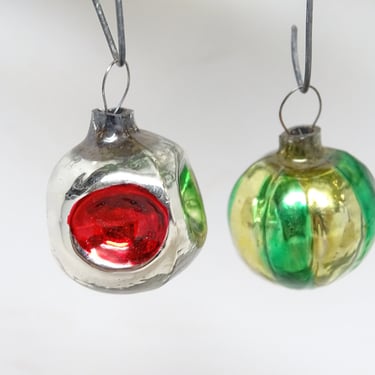 2 Vintage 1950's Tiny Russian Mercury Glass Christmas Ornaments, Antique Holiday Doll House Decor 
