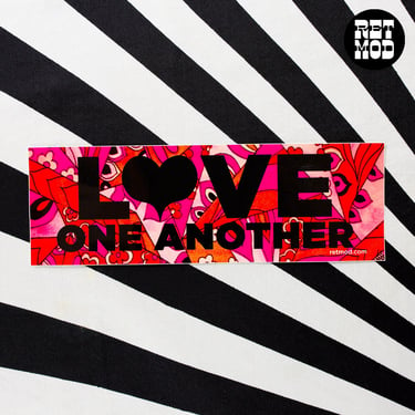 Exclusive RetMod Psychedelic "LOVE ONE ANOTHER" Mini Bumper Sticker with Psychedelic Pink & Orange Pattern and Heart 