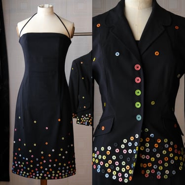 Vintage 90s MOSCHINO Pearlescent Button Accented Strapless Stretch Bodycon Dress & Matching Blazer Suit | Made in Italy | 1990s Designer Set 