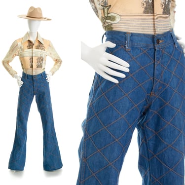 Vintage 1970s Bell Bottom Jeans | 70s Top Stitched Blue Denim Mid Rise Flared Leg Pants (medium) 