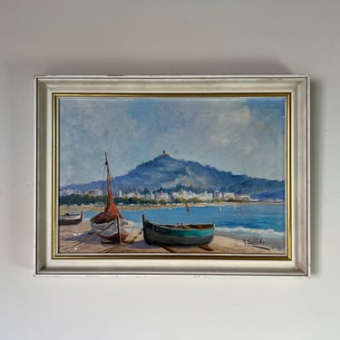 80's M. Sabido - La Roulotte Mediterranean Town Sea Landscape Oil Painting, Frame 