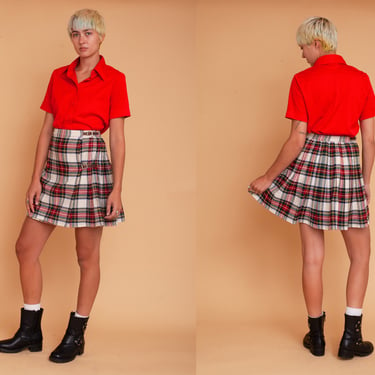 Vintage 70s White Tartan Mini / Plaid Tartan Leather Buckle Skirt 