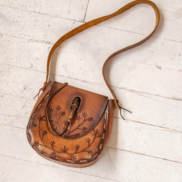 1970s Tooled Leather Purse Brown Boho Shoulder Bag 