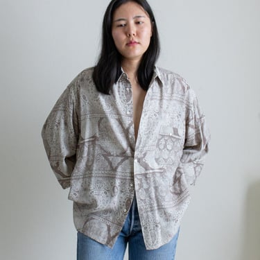 Vintage brown and cream flowy printed button down shirt // L (2280) 