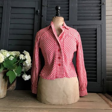 French Gingham Cotton Blouse, Red Check, Casual Blouse Shirt Top, Retro Casual Sportswear, 1950s Period Clothing 