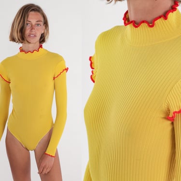 Yellow Bodysuit Top 70s Leotard Long Sleeve Ribbed Shirt Turtleneck Red Lettuce Edge High Turtle Neck Blouse Vintage 1970s Extra Small xs 