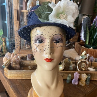 1950s flower hat, navy blue organza, vintage hat, rose hat, floral hat, 50s millinery, sheer pleated, mid century fashion 