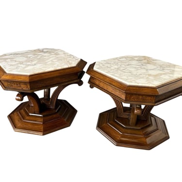 Pair of Hollywood Regency Octagonal Calacatta Marble Side Tables